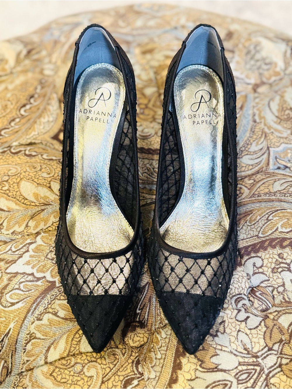 Adrianna Papell Black Mesh Pointed Pumps with Metallic Insole